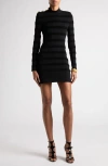 Tom Ford Velvet Stripe Long Sleeve Knit Minidress In Black