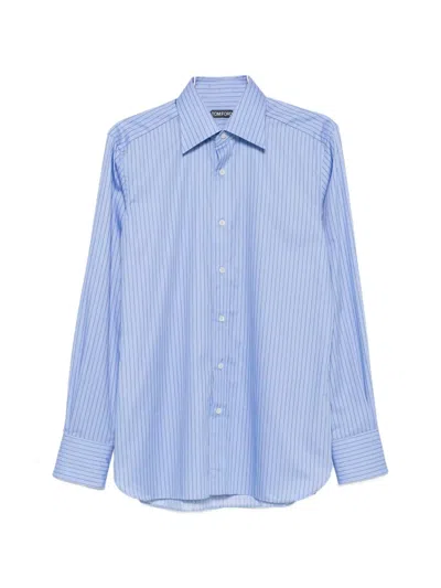 Tom Ford Cotton Shirt Vertical Stripe Tailored Fit In Blue