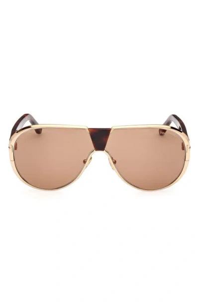 Tom Ford Men's Vicenzo Metal And Acetate Aviator Sunglasses In Deep Gold/t Logo/brown