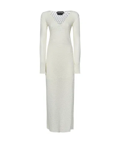 Tom Ford V-neck Pointelle-knit Maxi Dress In White