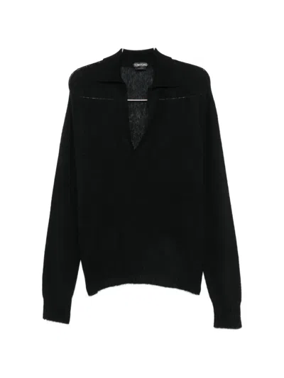Tom Ford Cotton Silk V Neck Mesh Knit Sweater In Black