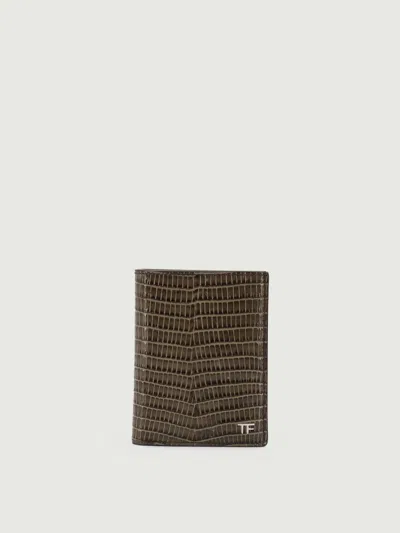 Tom Ford Crocodile Embossed Leather Cardholder In Brown