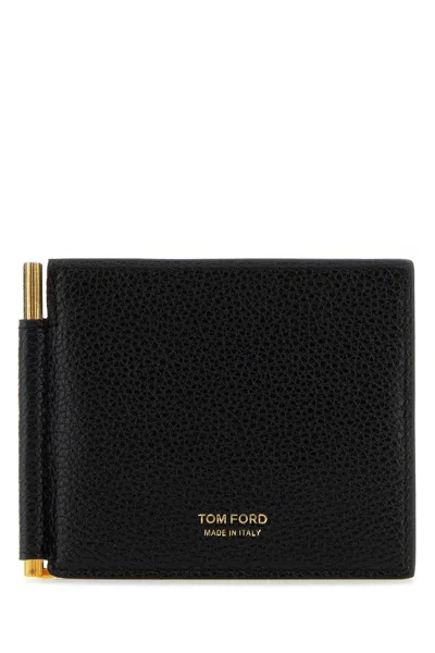 Tom Ford Brown Soft Grain Leather Money Clip Wallet In Black
