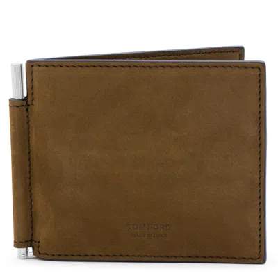 Tom Ford Natural Nubuck T Line Money Clip Wallet In Brown