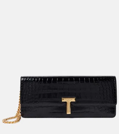 Tom Ford Wallis Croc-effect Patent Leather Clutch In Black