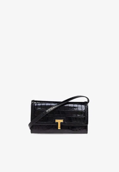 Tom Ford Wallis Croc-embossed Leather Chain Clutch In Black