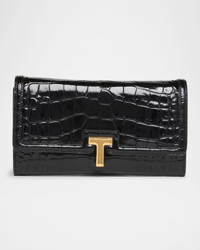 Tom Ford Wallis Flap Wallet In Shiny Croc-embossed Leather In Black