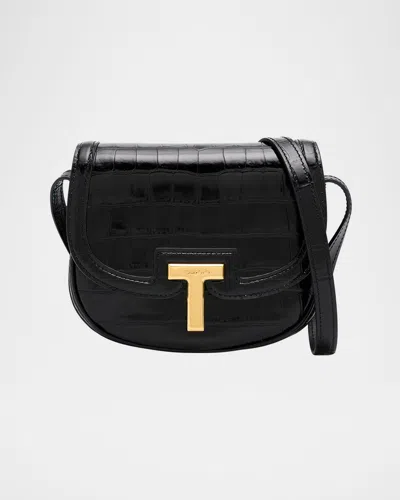 Tom Ford Wallis Mini Flap Shoulder Bag In Shiny Croc-embossed Leather In Black