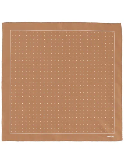 Tom Ford Warm Brown Dotted Pattern Silk Scarf