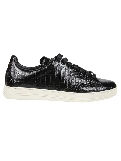 Tom Ford Warwick Crocodile-effect Low Top Sneakers In Black/cream