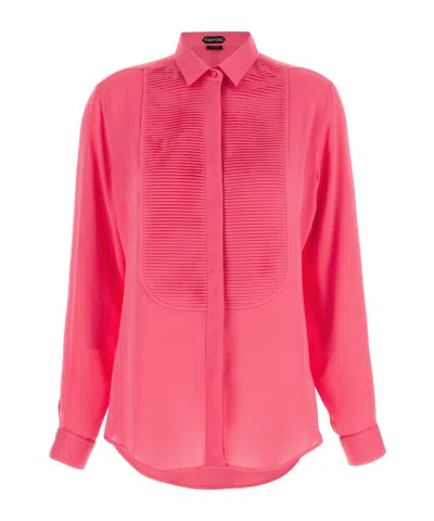 Tom Ford Washed Silk Georgette Tuxedo Shirt In Pink