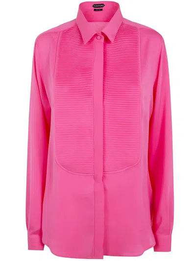 Tom Ford Washed Silk Georgette Tuxedo Shirt In Pink