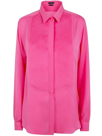 Tom Ford Washed Silk Georgette Tuxedo Shirt In Pink