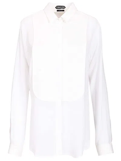 Tom Ford Washed Silk Georgette Tuxedo Shirt Shirts White