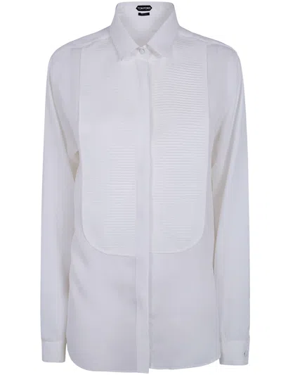 Tom Ford Washed Silk Georgette Tuxedo Shirt In White