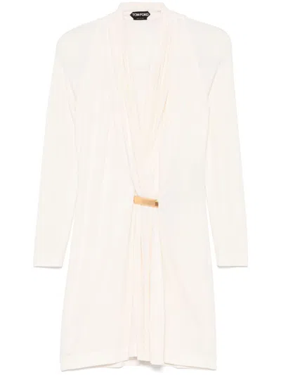 Tom Ford V-neck Draped Mini Dress With Buckle Detail In Weiss