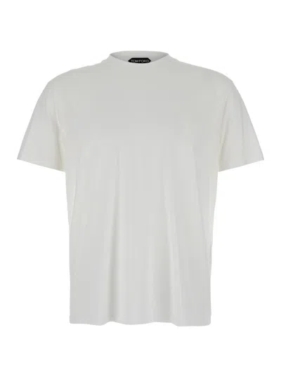Tom Ford White Basic Crewneck T-shirt With Tonal Stitching In Cotton Blend Man