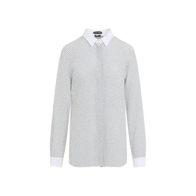 Tom Ford White Black Multi Argyle Printed Silk Shirt In Gray