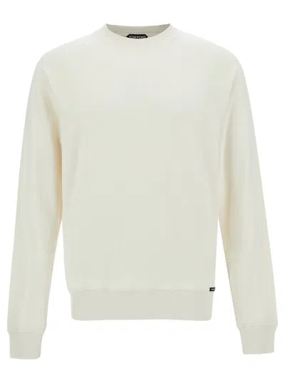 TOM FORD WHITE CREWNECK SWEATSHIRT WITH LOGO PATCH IN MODAL BLEND MAN