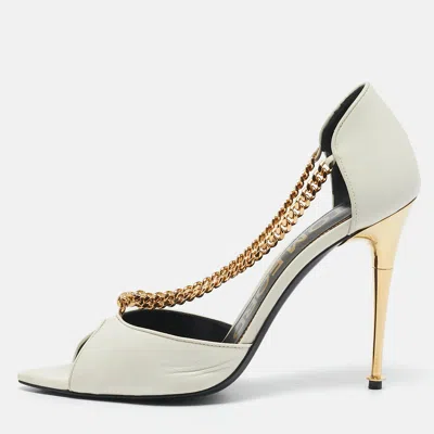 Pre-owned Tom Ford White Leather Chain Detail Open Toe Pumps Size 38