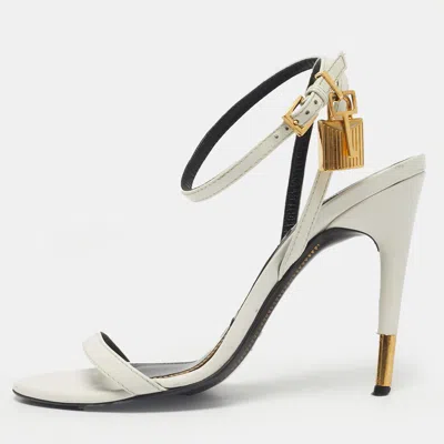 Pre-owned Tom Ford White Leather Padlock Chain Ankle Strap Sandals Size 37.5