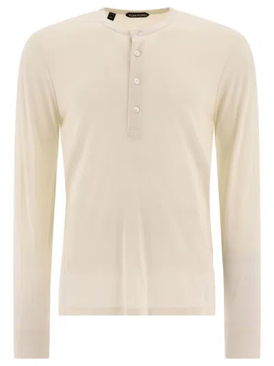 Tom Ford White Long-sleeved T-shirt With Buttoned Fastening In Lyocell Blend Man