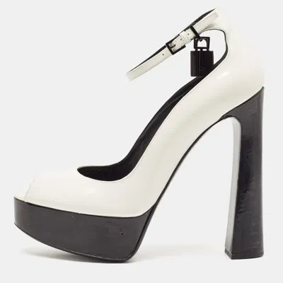 Pre-owned Tom Ford White Patent Leather Padlock Peep Toe Ankle Wrap Pumps Size 41
