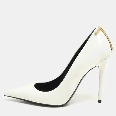 Pre-owned Tom Ford White Patent Leather T Embellished Pointed Toe Pumps Size 37