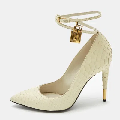 Pre-owned Tom Ford White Python Leather Padlock Pumps Size 37.5 In Gold