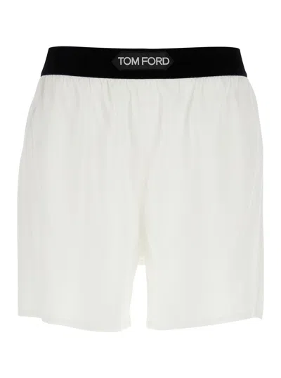 Tom Ford White Shorts With Elastic Waist And Logo Patch On The Waist In Silk Stretch Woman