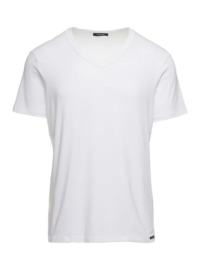 Tom Ford White T-shirt With V Neck In Cotton Stretch Man