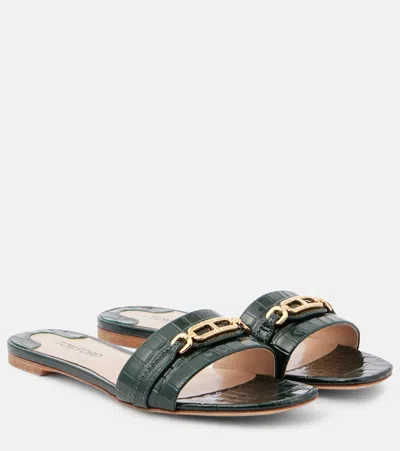 Tom Ford Whitney Croc-effect Leather Slides In Green