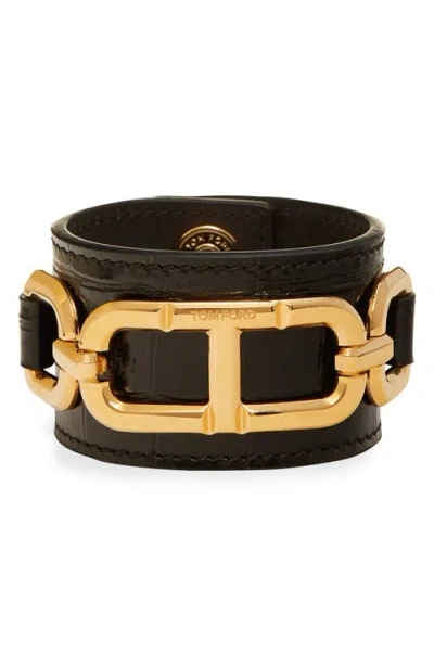 Tom Ford Whitney Croc Embossed Leather Cuff Bracelet In Gold/black
