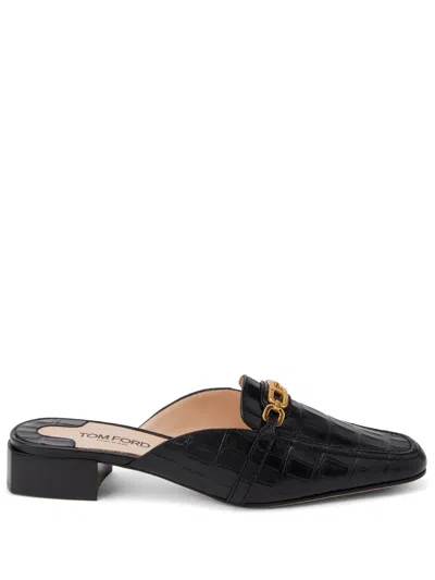 Tom Ford Leather Croc-embossed Whitney Mules 25 In Black