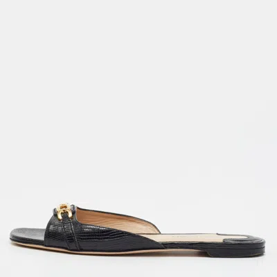 Pre-owned Tom Ford Whitney Size 38.5 Black Lizard Embossed Leather Flat Slide