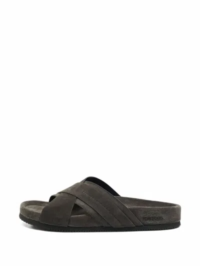 Pre-owned Tom Ford Wicklow Criss-cross Slides In Grey