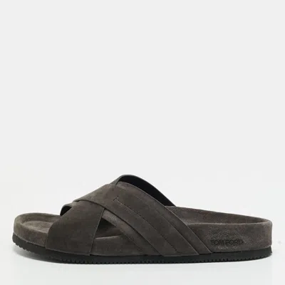 Pre-owned Tom Ford Wicklow Size 42 Grey Suede Criss Cross Flat Slide