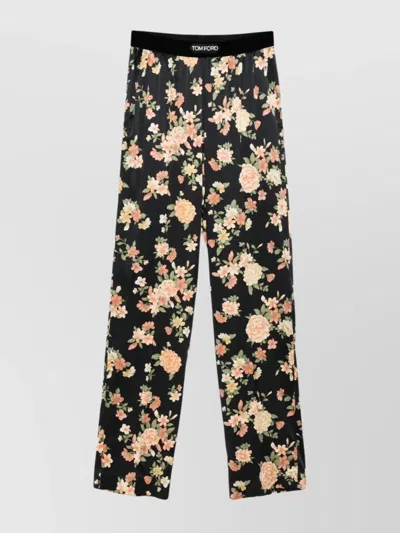 Tom Ford Wide Leg Floral Print Satin Trousers In Black