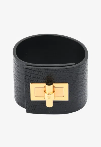 Tom Ford Wide Natalia Turnlock Buckle Cuff In Animal Print Leather In Black