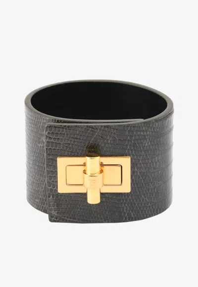 Tom Ford Wide Natalia Turnlock Buckle Cuff In Animal Print Leather In Gray
