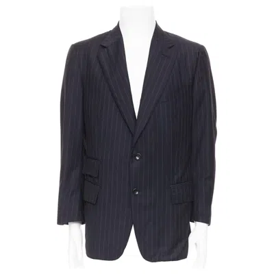 Pre-owned Tom Ford Windsor Black Wool Silk Pinstripe Flap Pocket Blazer It50 L