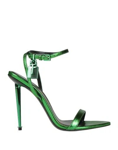 Tom Ford Woman Sandals Emerald Green Size 6.5 Sheepskin, Brass