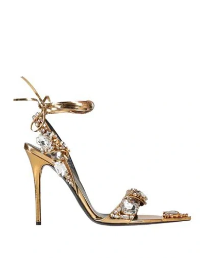Tom Ford Woman Sandals Gold Size 8 Goat Skin, Crystal, Brass