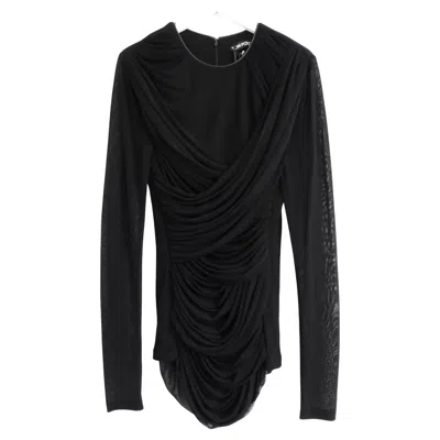 Pre-owned Tom Ford Women's Black Draped Tulle Top With Leather Trim, Size Uk6