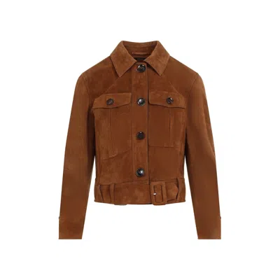 Tom Ford Cropped Leather Jacket For Women In Brown