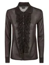 Tom Ford Ruffled Sheer Fabric Long Sleeves Top In Brown