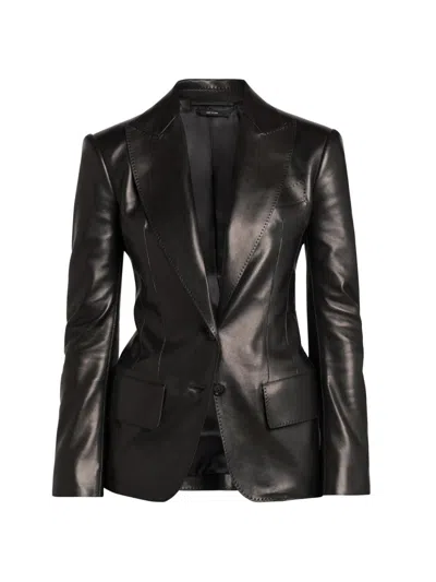 Tom Ford Leather Peak Lapel Jacket In Black