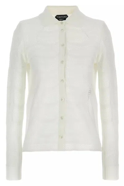 Tom Ford Openwork Silk-cotton Cardigan With Button Closure In White
