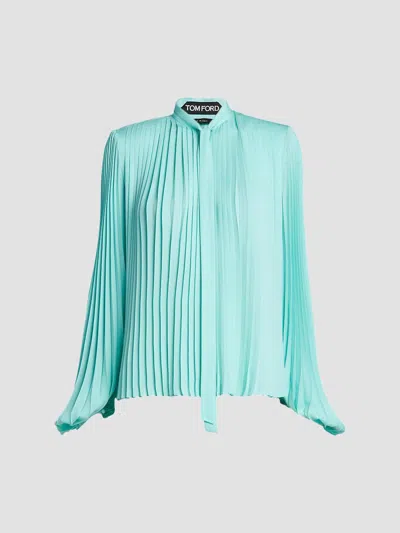Tom Ford Women's Pleated Pussybow Blouse In Aqua