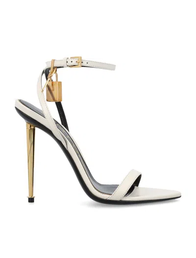 Tom Ford Women's Pointed-toe Leather Sandals With Adjustable Ankle Strap And Logo Buckles, 11 Cm Met In Chalk